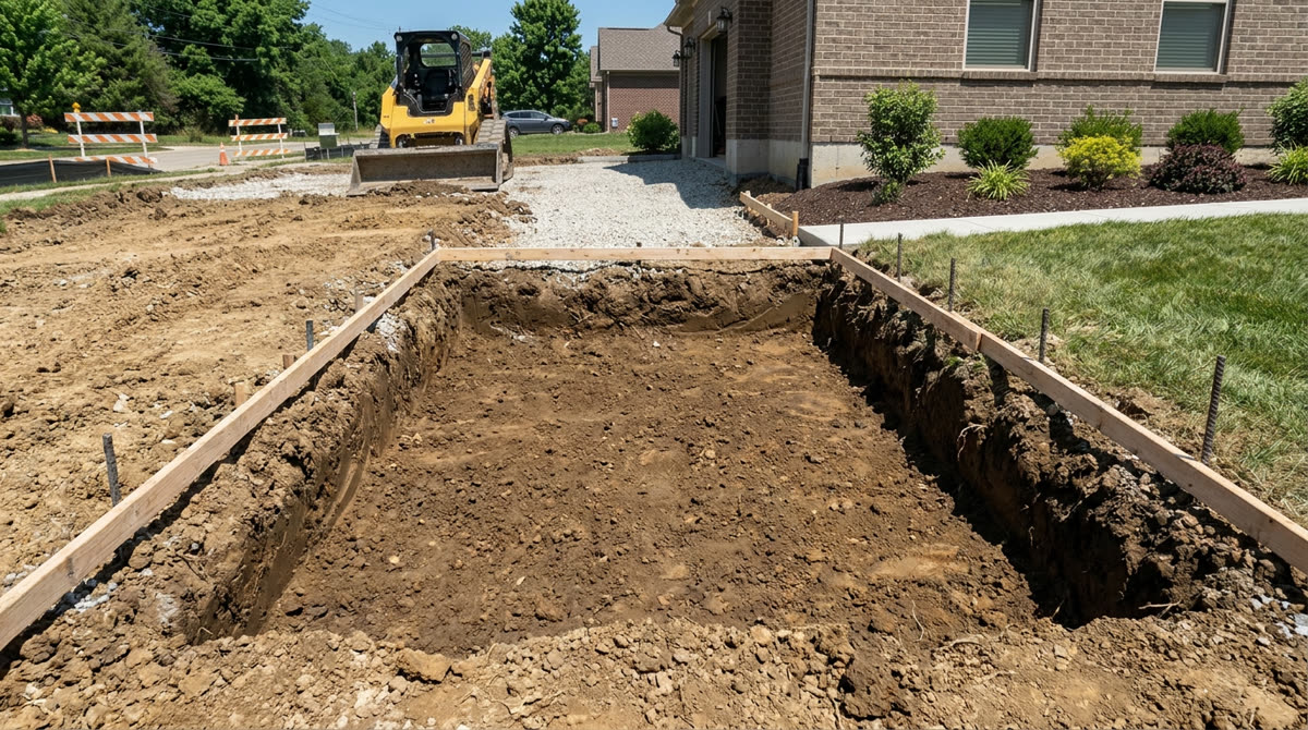Step 1: excavation with forms set on solid subgrade